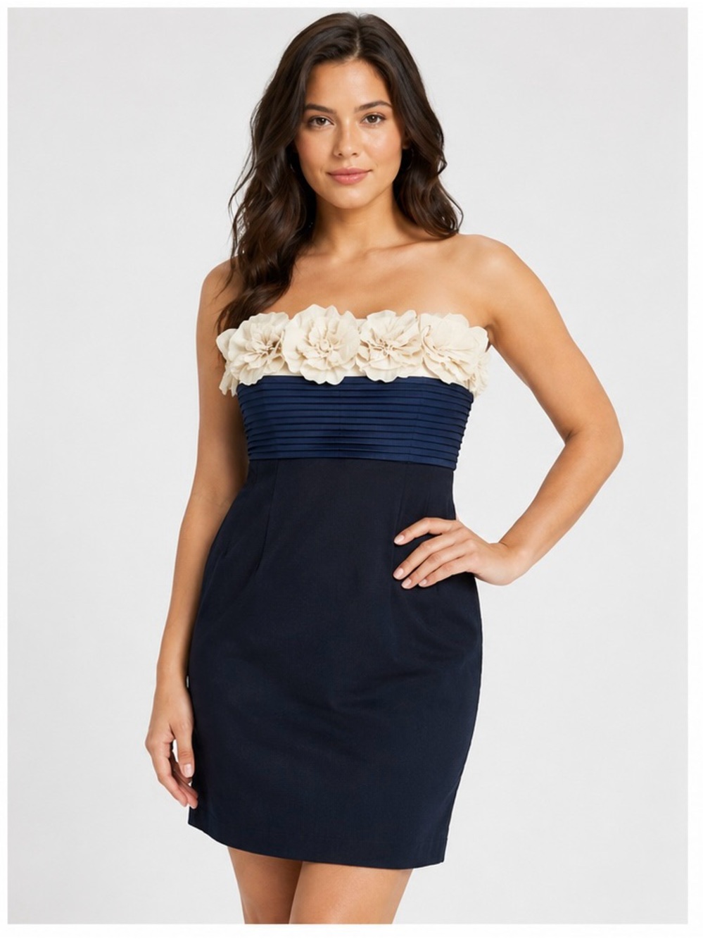 BCBGMAXAZRIA Strapless Rosette Cocktail Dress Navy Ivory Size 6